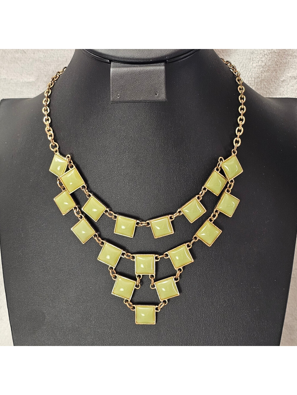 Gold Tone Two Tier Bib Necklace Chartreuse Lime Green Square Thermoplastic Stone